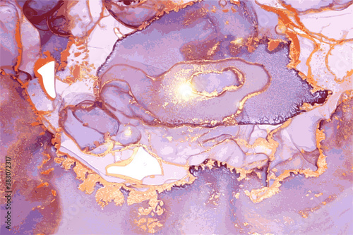 Marble purple and gold stone texture. Alcohol ink technique abstract vector background. Modern luxury paint in natural colors with glitter. Template for banner, poster. Fluid art painting