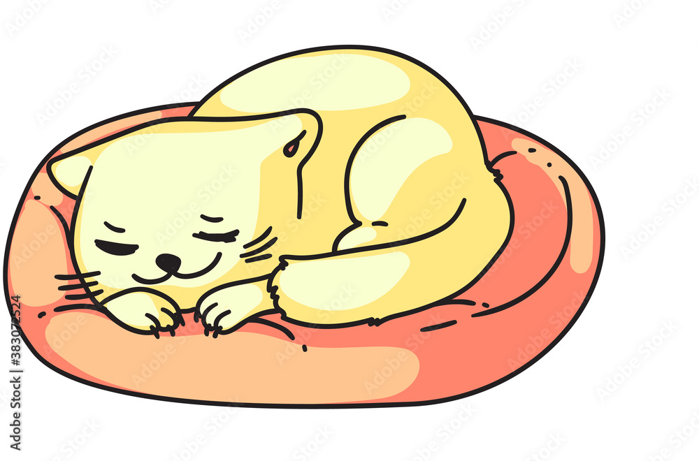 Sleeping cat. Cute tired fuzzy cat mascot day dreaming, sleeping on cozy soft pillow isolated on white background. Lazy pussycat vector illustration Sleeping cat. Cute tired fuzzy cat mascot day dreaming, sleeping on cozy soft pillow isolated on white background. Lazy pussycat vector illustration