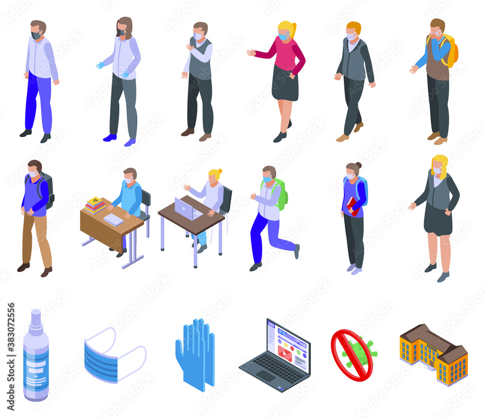Quarantine in school icons set. Isometric set of quarantine in school vector icons for web design isolated on white background Quarantine in school icons set. Isometric set of quarantine in school vector icons for web design isolated on white background