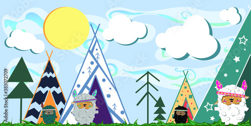 Wallpaper with wigwam and cute lambs indians , clouds,sun and trees. Vector illustration for kids playroom.