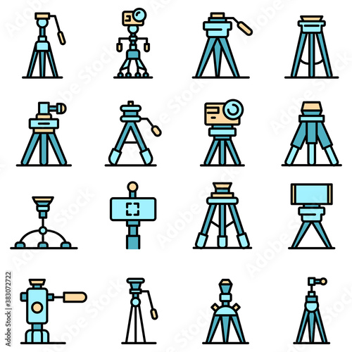 Tripod icons set. Outline set of tripod vector icons thin line color flat on white