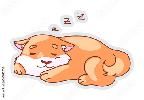 Cute sleeping dog. Cute cartoon comic corgi dog sleeping isolated on white background. Vector doggy day dreaming sticker illustration