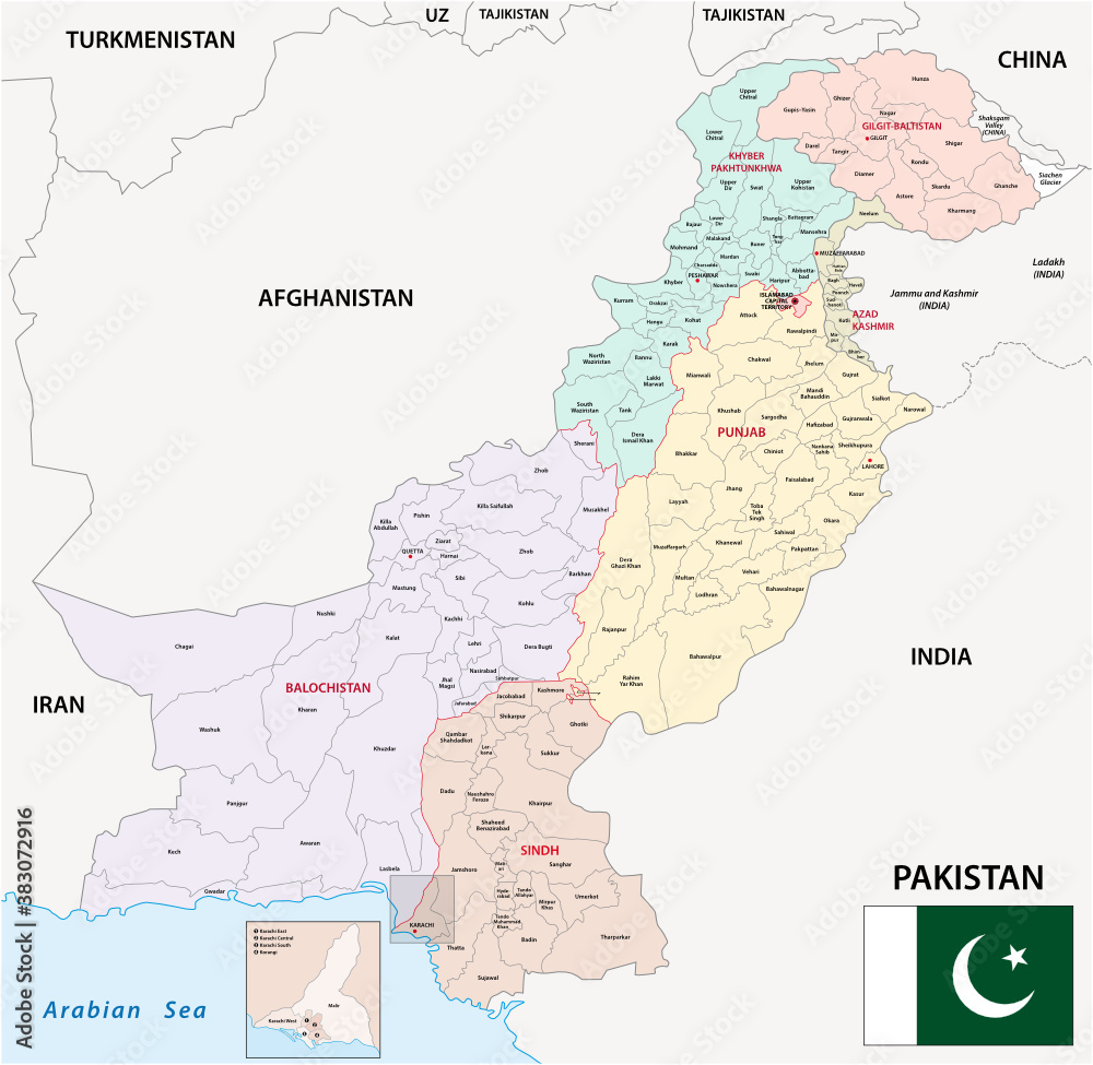 administrative vector map of Islamic Republic of Pakistan with flag