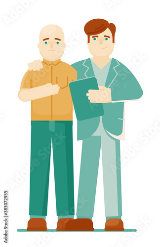 Doctor oncologist. Doctor oncologist in uniform embracing shoulder supporting sad bald sick cancerous man patient isolated. Oncology therapy, cancer illness danger awareness vector illustration