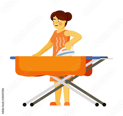 Smiling woman wife ironing clothes with iron on board performing daily chore routine vector illustration isolated on white background