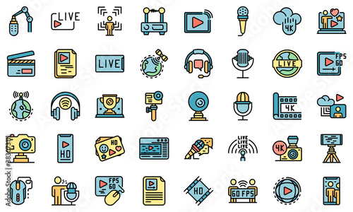 Stream icons set. Outline set of stream vector icons thin line color flat on white
