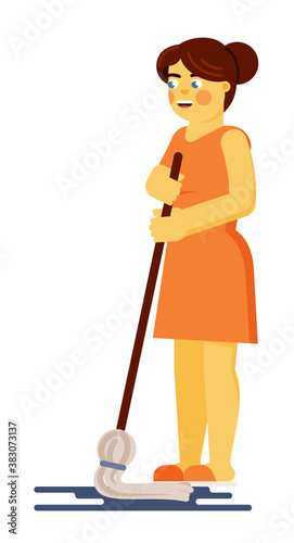 Woman wife or maid moping floor performing daily sanitation household activity vector illustration isolated on white background