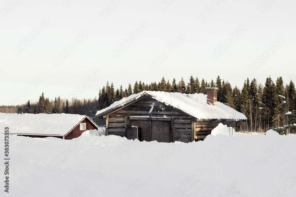 Old rustic wooden house in a forest at Winter