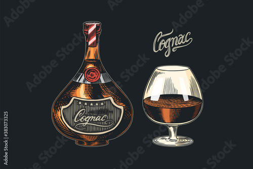 Cognac bottle and glass goblet. Engraved hand drawn vintage sketch. Woodcut style. Vector illustration.