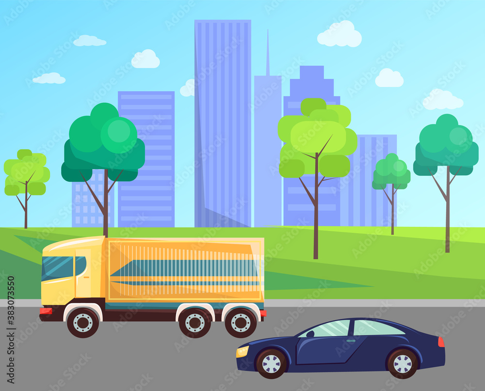 City transport, car and yellow truck on road. Highway with colorful vehicles. Urban landscape with modern infrastructure, skyscrapers and business centre vector