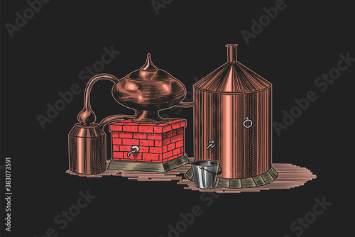 Distilled alcohol. Device for preparing tequila, cognac and spirits. Engraved hand drawn vintage sketch. Woodcut style. Vector illustration for menu or poster.