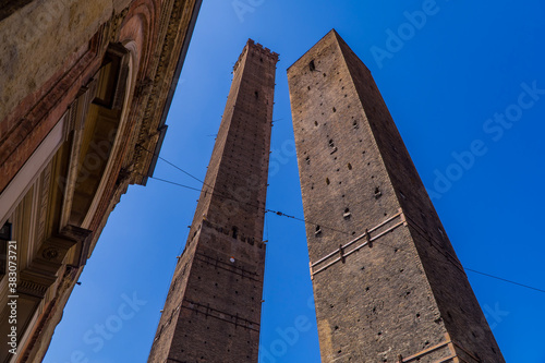 The two leaning Asinelli Towers in Bologna, Italy