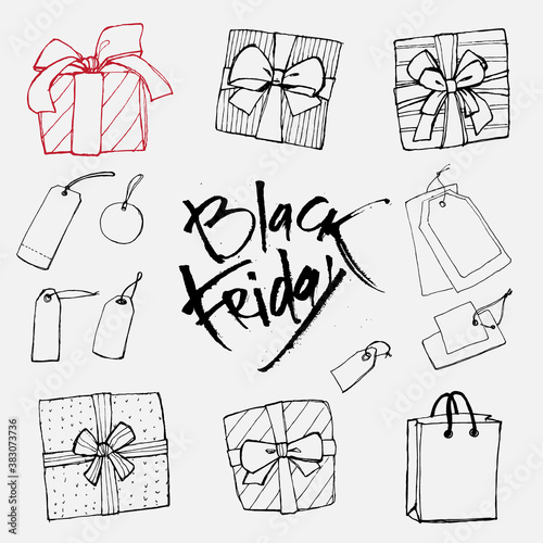 sale gift black friday box ribbon tag shop decorate birthday online store packaging calligraphy line hand drawn rough vector isolated set