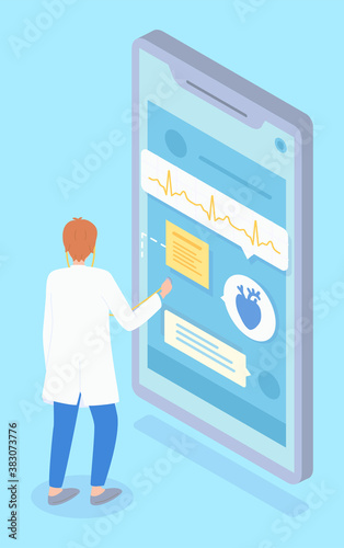 Isometric illustration of online medicine service. Cardiologist examines patient online, heart diagram with heart problems. Remote medical consultation with physician or cardiologist. Flat image