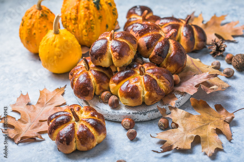 Pumpkin buns bread. Halloween Food Concept. Autumn food