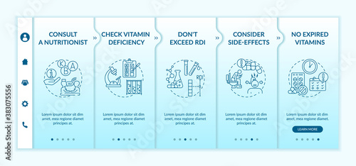 Recommended daily vitamins intake onboarding vector template. Consider side-effects. No expired vitamins. Responsive mobile website with icons. Webpage walkthrough step screens. RGB color concept