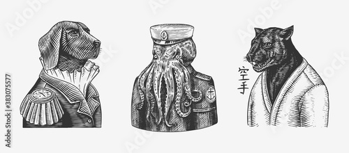 Octopus sailor and Dog officered Black panther and Bee biker. Japanese text means: karate. Fashion animal character. Hand drawn sketch. Vector engraved illustration for T-shirts or tattoo.