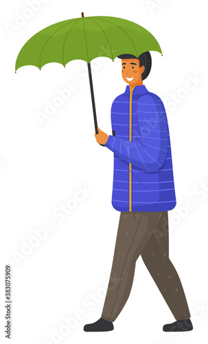 Rainy weather, young smiling man with umbrella isolated at white background, guy wearing warm clothes jacket and pants, walking young adult man with parasol, rainy outdoors, cartoon character