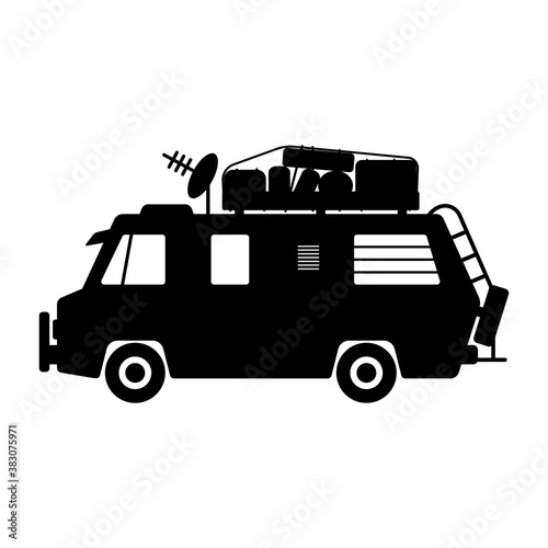 Motorhome icon. Camper. Car for travel and tourism. Black silhouette. Side view. The isolated object on a white background. Isolate.