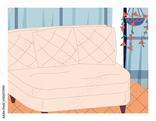 Large white cozy fabric sofa, loveseat, chair with carriage coupler. Comfortable home or salon spa interior. Hanging plant in a pot. Beauty salon, spa studio. Beauty industry. Flat illustration