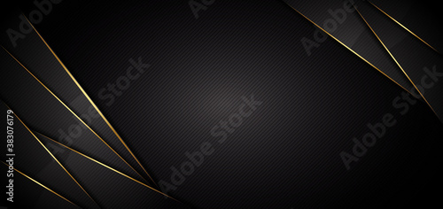 Abstract dark black color background overlapping layers decor golden lines with copy space for text. Luxury style.
