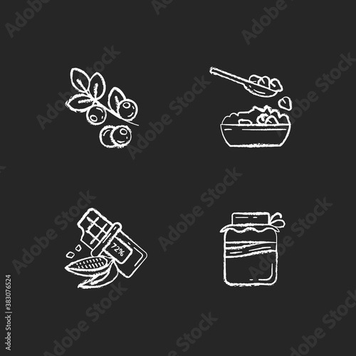 Healthy vegetarian meals chalk white icons set on black background. Organic berries types. Tasty dark chocolate. Kombucha drink creation. Isolated vector chalkboard illustrations