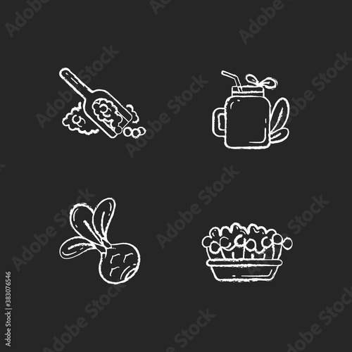 Greens variety chalk white icons set on black background. Fruity smoothie types. Microgreens garden ideas. Quinoa seeds. Natural kohlrabi. Isolated vector chalkboard illustrations
