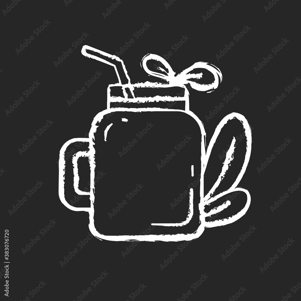 Obraz premium Smoothie chalk white icon on black background. Tasty organic fruity drinks ideas. Vegan meals variety. Eco lifestyle. Glass with leaves. Vegetarian meals. Isolated vector chalkboard illustration