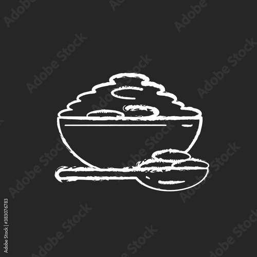 Lentils chalk white icon on black background. Natural porrige meals. Healthy vegetarian foods ideas. Bowl full of eco grains. Superfoods options. Isolated vector chalkboard illustration