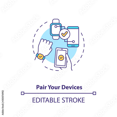 Pair devices concept icon. Setup instruction idea thin line illustration. Sync mode. Basic pairing via wireless technology. Vector isolated outline RGB color drawing. Editable stroke