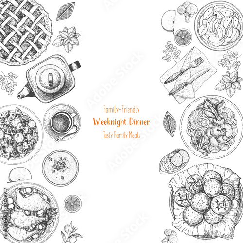 Family dinner top view, vector illustration. Friendly dinner table. Food menu. Engraved style background. Hand drawn sketch, design template.
