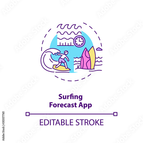 Surfing forecast app concept icon. Gadget function idea thin line illustration. Marine weather forecasting. Great waves search. Vector isolated outline RGB color drawing. Editable stroke
