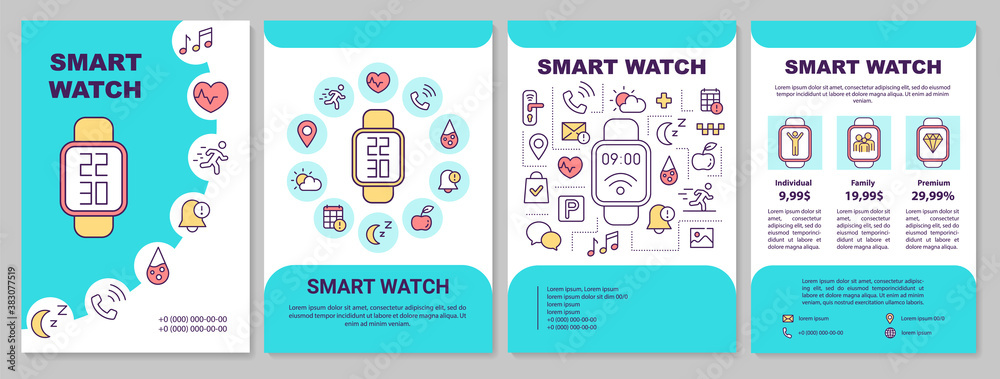 Naklejka premium Smart watch technology brochure template. Subscription types. Flyer, booklet, leaflet print, cover design with linear icons. Vector layouts for magazines, annual reports, advertising posters