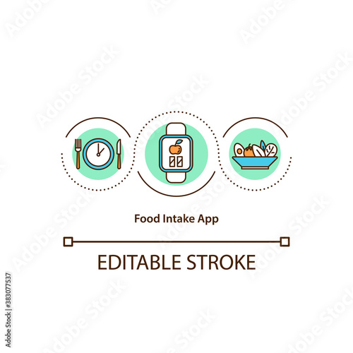 Food intake app concept icon. Calorie consumption tracking. Nutrition monitoring program idea thin line illustration. Vector isolated outline RGB color drawing. Editable stroke
