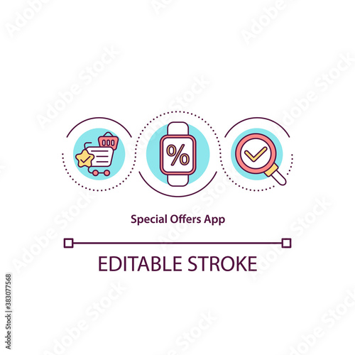 Special offers app concept icon. Smartwatch sale programs. Shopping promotions. Reviews discounts idea thin line illustration. Vector isolated outline RGB color drawing. Editable stroke