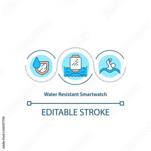 Water resistant smartwatch concept icon. Wearable technology. Water proof smart watch idea thin line illustration. Vector isolated outline RGB color drawing. Editable stroke