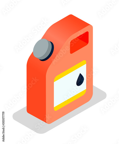 Isometric image of a red iron canister for gasoline or oil. Chemical fluid container. Chemically hazardous liquid petroleum product. Storage of combustible materials. Flat vector illustration isolated