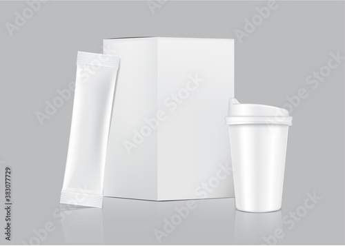 3D Glossy Stick sachet mockup and Cup with paper box isolated on white background. Vector illustration. Food and beverage Packaging concept design.