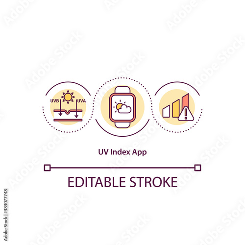 UV index app concept icon. Smartwatch sun effect program. Healthy lifestyle tool. Radiation level idea thin line illustration. Vector isolated outline RGB color drawing. Editable stroke