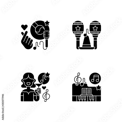 Party songs ideas black glyph icons set on white space. Ethnical latin musical instruments. Fancy lounge music. Classic piano songs. Silhouette symbols. Vector isolated illustration