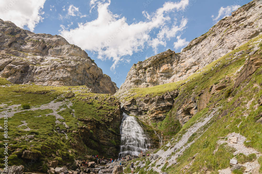 Cascada Cola de Caballo (Horse's tail waterfall) under Monte Perdido at Ordesa Valley, Pyrenees of Spain.