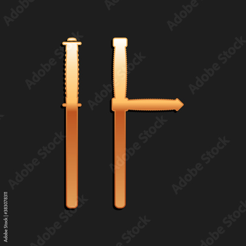 Gold Police rubber baton icon isolated on black background. Rubber truncheon. Police Bat. Police equipment. Long shadow style. Vector.