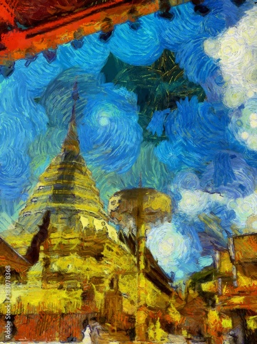 Wat Phra That Doi Suthep temple Illustrations creates ant style impressionis of painting.