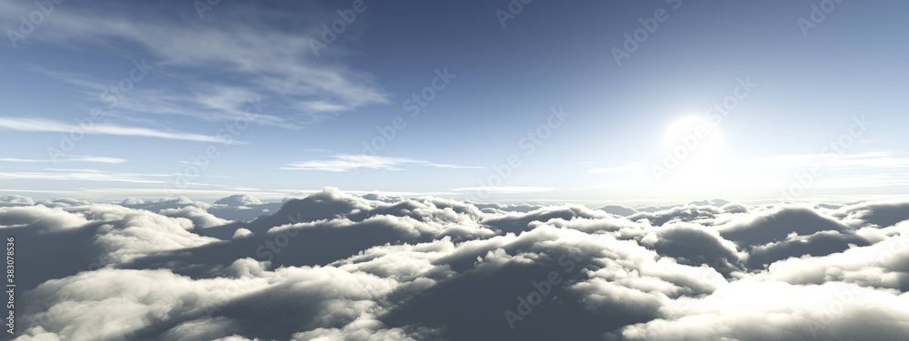 Beautiful clouds, panorama of clouds, above the clouds, clouds from above, flying above, 3D rendering
