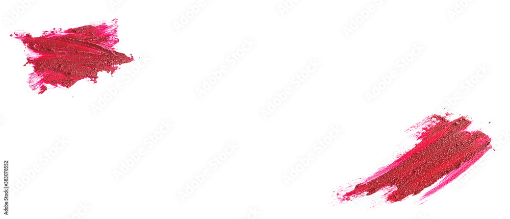 Creamy red lipstick in liquid form, textural strokes isolated on white background. Concept of trends in cosmetics, makeup. Long horizontal banner.