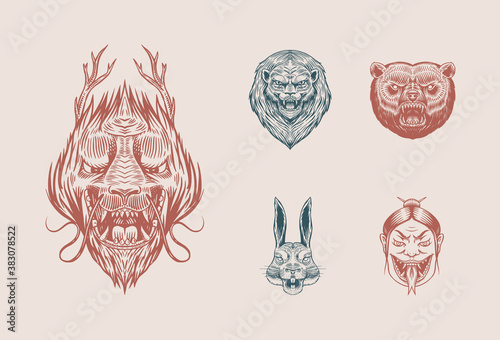 Grizzly bear, lion and Hare. Screaming mad Leo and rabbit. Chinese dragon. Japanese woman snake. Animal for tattoo or label. Roaring beast. Engraved hand drawn line art Vintage old monochrome sketch. 