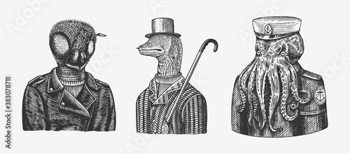 Octopus sailor and Bee biker. Japanese text means: karate. Fashion animal character. Hand drawn sketch. Vector engraved illustration for label, logo and T-shirts or tattoo.