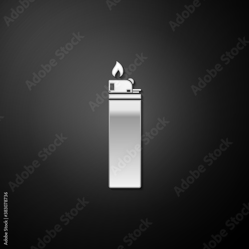 Silver Lighter icon isolated on black background. Long shadow style. Vector.