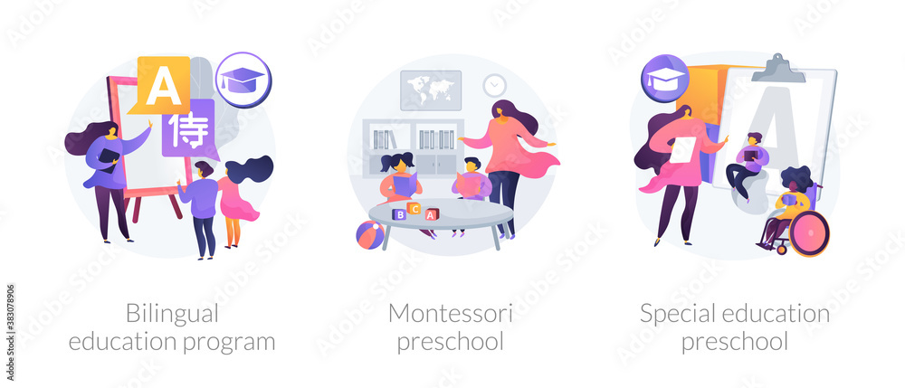 Early education program abstract concept vector illustration set. Bilingual immersion program, Montessori preschool, special education preschool, child development, disability abstract metaphor.