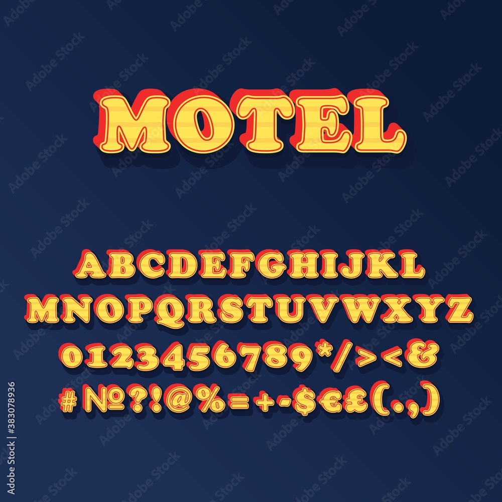 Motel vintage 3d vector alphabet set. Retro bold font, typeface. Pop art stylized lettering. Old school style letters, numbers, symbols pack. 90s, 80s creative typeset design template